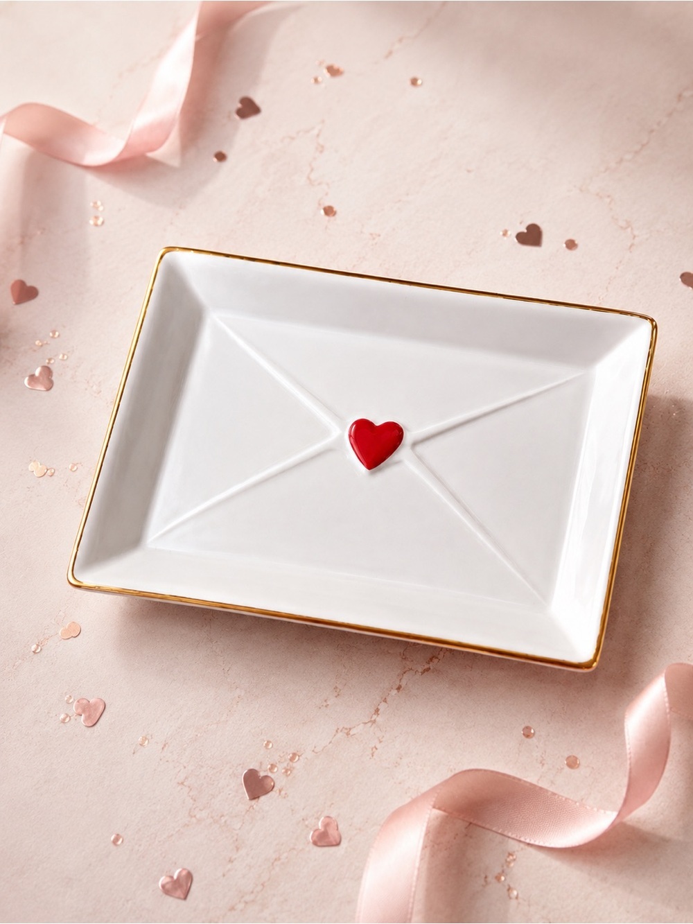 ❤️ NWT Romantic Ceramic Envelope Tray Gold Trim Heart Vanity Catchall Decor